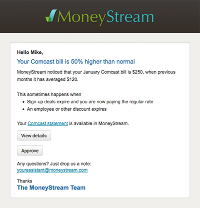 an email alert from Team MoneyStream